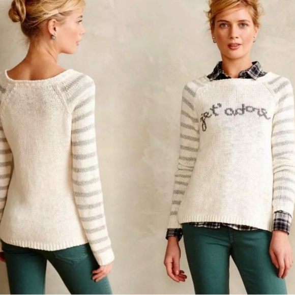 ANTHROPOLOGIE Moth Je T’Adore Pullover Cream & Metallic Silver Striped Sweater L - Picture 1 of 8